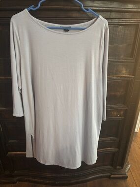 Eileen Fisher Sky Blue Large Bateau Neck 3/4 Sleeve Split Hem Tencel Top